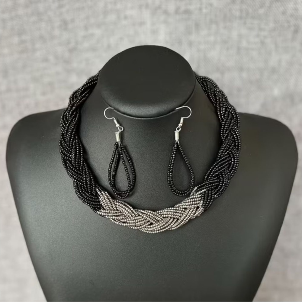 Statement Bicolor Braided Necklace & Earrings‎ Set | Timeless Elegance